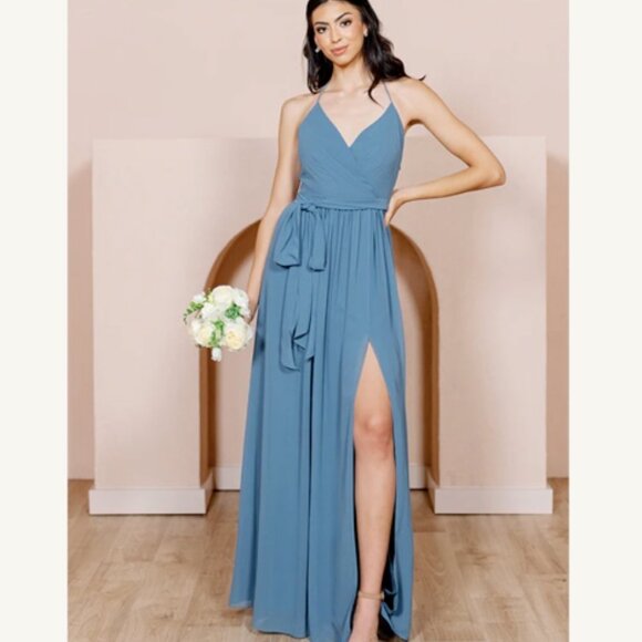 Hannah Chiffon Faux Wrap Dress- Navy Blue, Petite Maxi: 41 in waist to hem - Picture 3 of 6